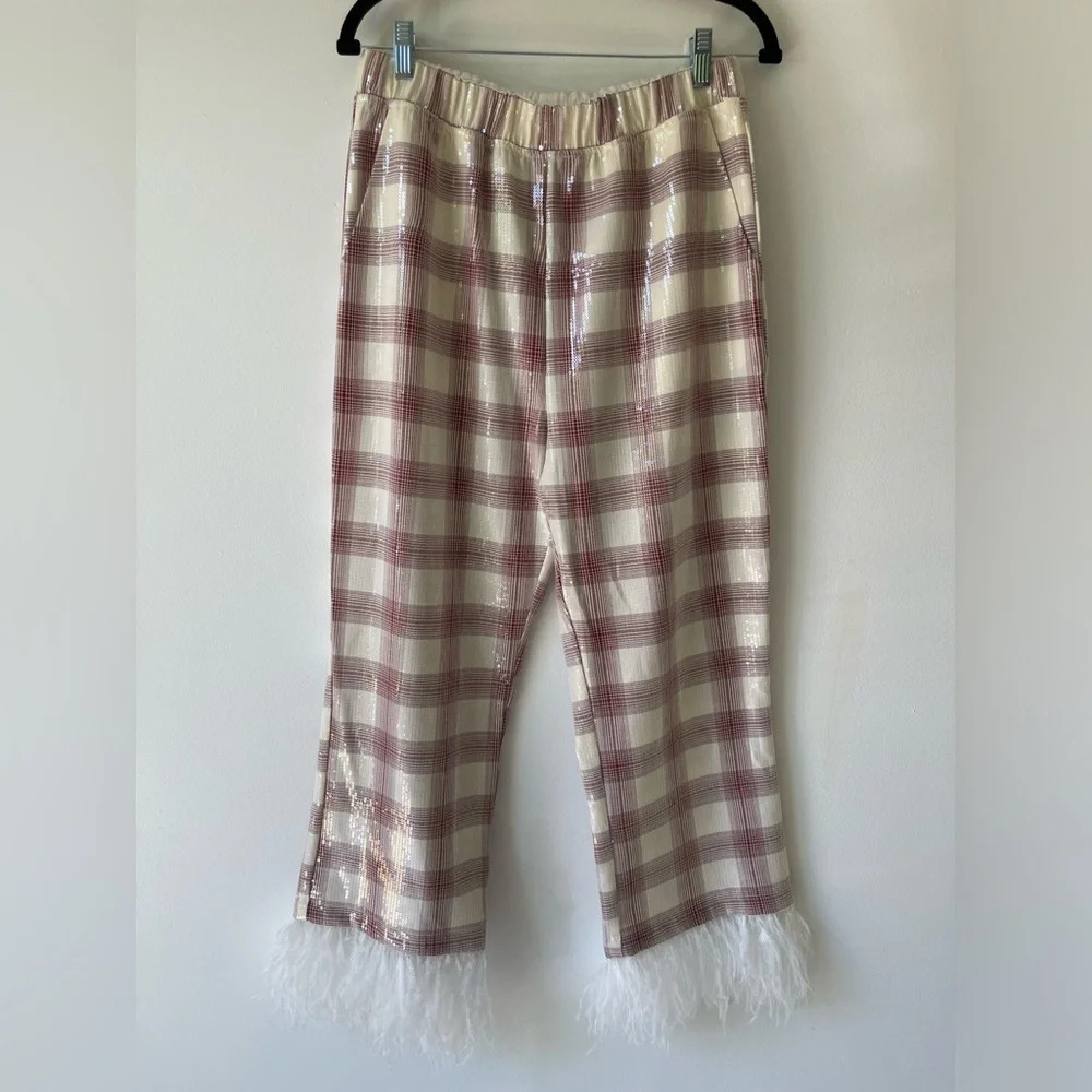 Eva Franco Wide Leg Pants plaid High-Rise Sequin Feather Pockets Elastic Waist S